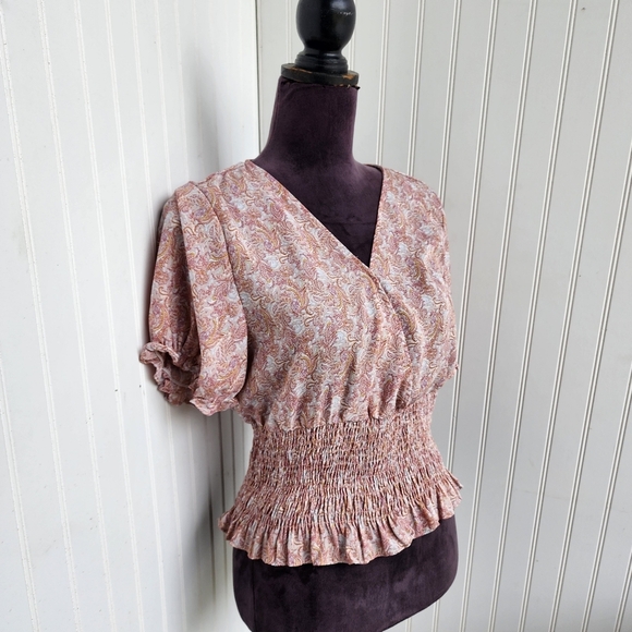 Paper Crane Puff Sleeve Smocked Top V Neck Pink Rose Summer Floral Rayon Sz L - Picture 2 of 11
